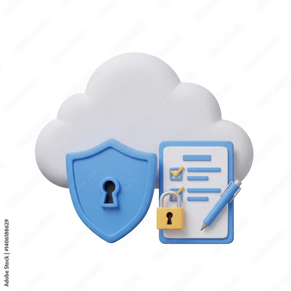 Aufkleber 3d illustration cloud data security with checklist and shield for secure protection