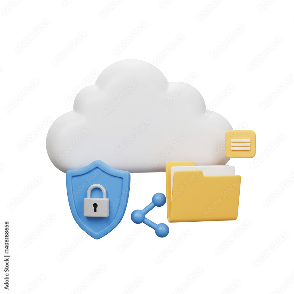 Poster 3d illustration cloud security and data sharing concept with folder and padlock