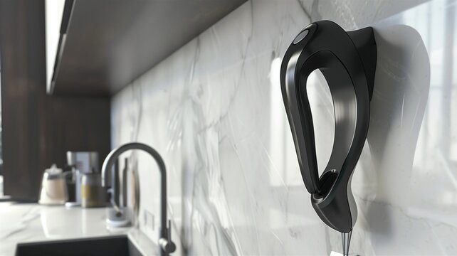 Photorealistic image of a rechargeable kitchen hook with ergonomic shape on a white background