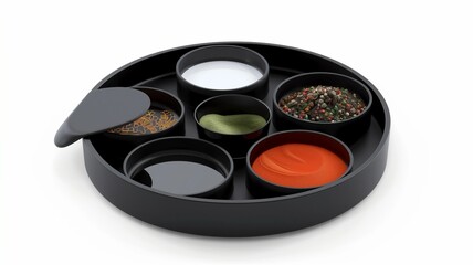 Photorealistic image of a magnetic spice grinder tray on a white background