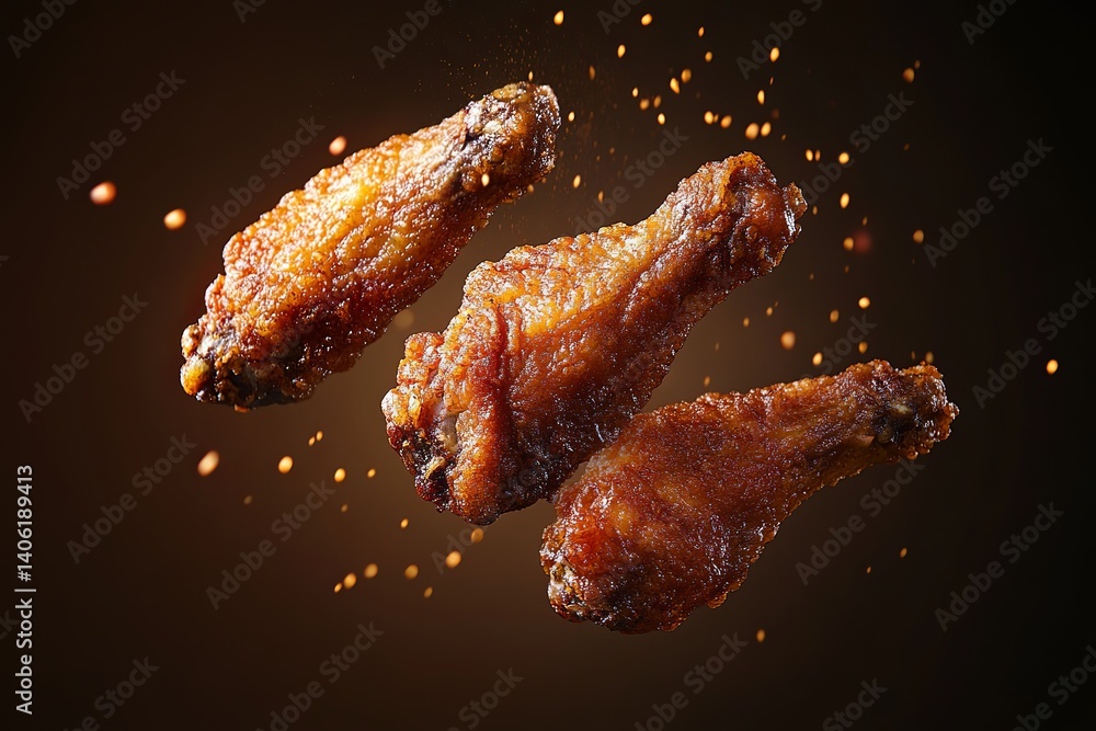 Poster three crispy chicken wings floating in the air with small spices around them on a dark background sc