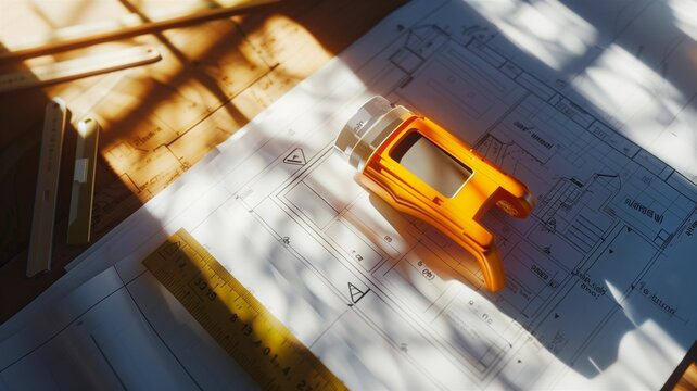 Photorealistic image of a laser measurer next to a blueprint