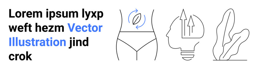 Female torso with rotating arrows, head with growth concept, and plant convey health, self-improvement, progress, growth, mindfulness, nature balance. Ideal for wellness blog self-care guide