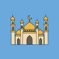 Illustrated Mosque with Crescent Moon on Blue Sky Background