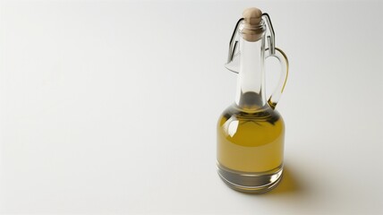 Photorealistic image of a glass olive oil bottle with stainless steel pourer on a white background