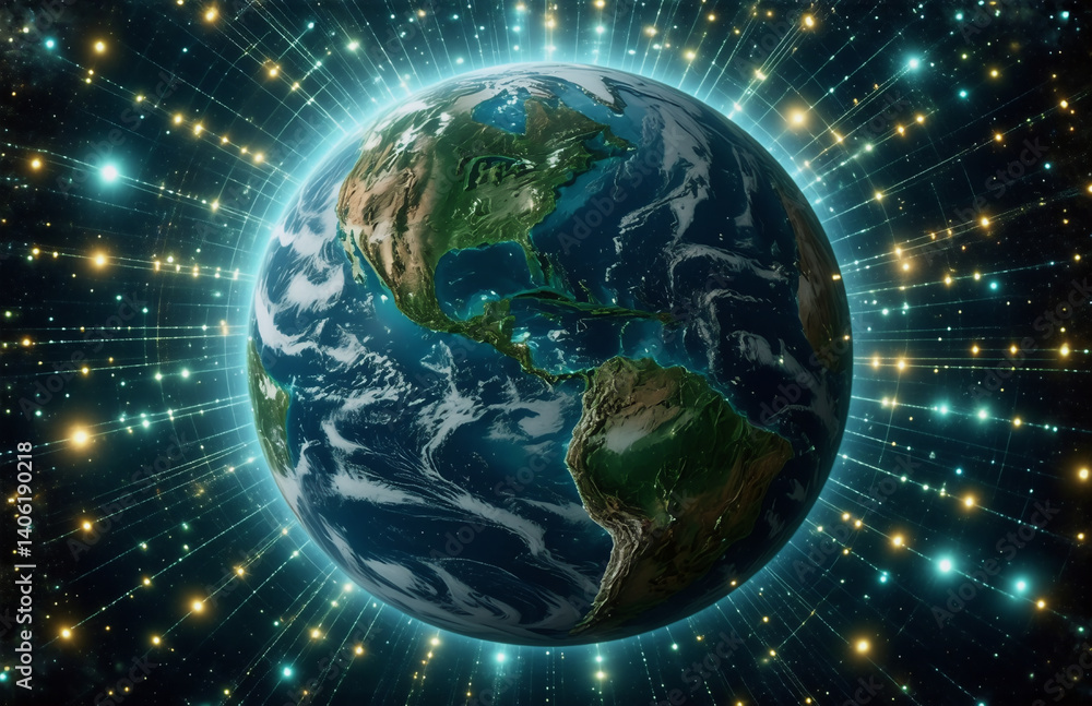 Aufkleber earth with continents and oceans is encircled by glowing lines radiating outward. a visual represent