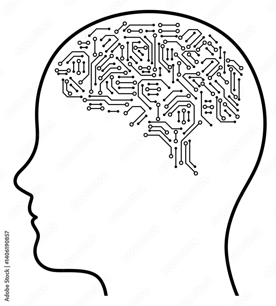 Fototapete a silhouette of a human head with a representation of the brain as a diagram symbolizing artificial 