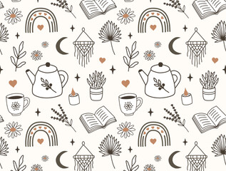 Seamless vector boho pattern with cozy elements: teapots, mugs, books, candles, rainbows, moons, flowers and leaves. Perfect for textiles, packaging, stationery, and wallpaper design.