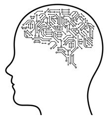A silhouette of a human head with a representation of the brain as a diagram symbolizing artificial intelligence and technology. A synthesis of human thinking and digital technology. Artificial brains