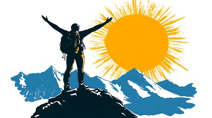 A person enjoying the triumph of reaching the top standing with arms wide on a mountain peak
