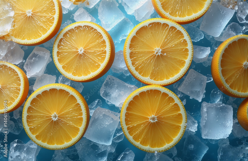 Poster refreshing lemon slices are scattered atop a layer of glistening ice cubes, creating a visually appe