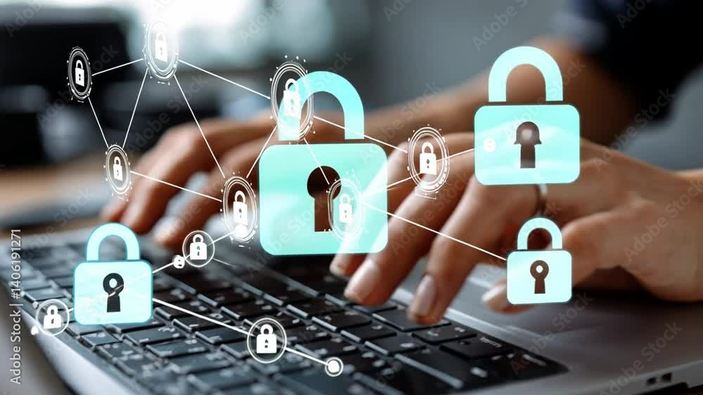 Poster digital fortress: an image highlighting the essence of data protection, featuring hands on a laptop 
