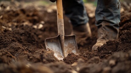 Construction worker digging trenches for a foundation. Featuring excavation and groundwork