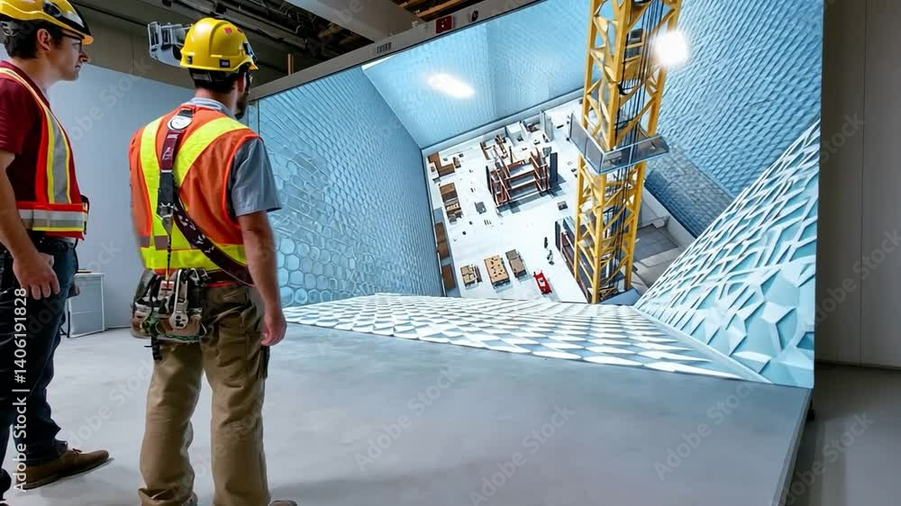 Poster Engineers Observing Antenna Test: Two engineers in hard hats and safety vests observe a large antenna undergoing testing inside a large anechoic chamber. The image conveys a sense of precision.