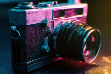 Vintage camera with glitch effect and retro tech and warm lighting and negative space