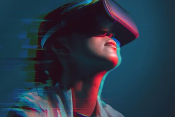 Virtual reality headset with glitch effect and futuristic theme