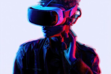 Virtual reality headset with glitch effect and futuristic theme