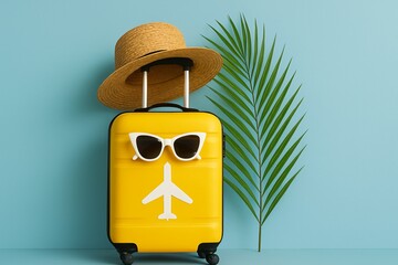 yellow suitcase with travel accessories and tropical palm leaf