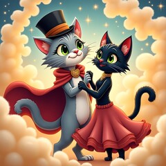 The cat in a hat and a cloak dances with a cat in a skirt.