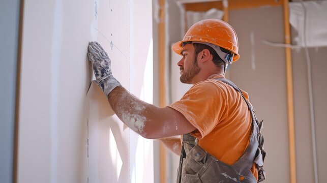 Construction worker installing drywall in a new home. Featuring drywall installation and homebuilding