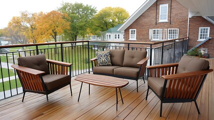 Fototapeta premium Modern Outdoor Patio Furniture Set on Deck Overlooking Autumn Park