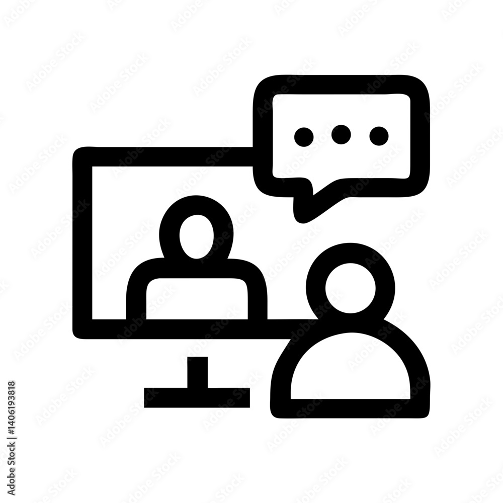 Aufkleber virtual meeting icon depicting a computer screen with a participant and a speech bubble in a minimal