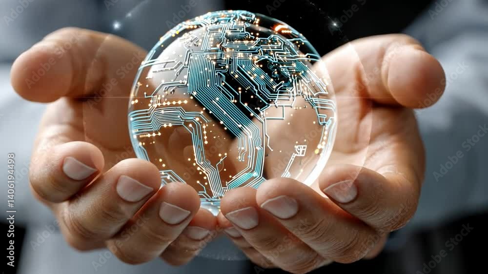 Poster world in hand: a person delicately cradles a transparent globe adorned with an intricate network of 
