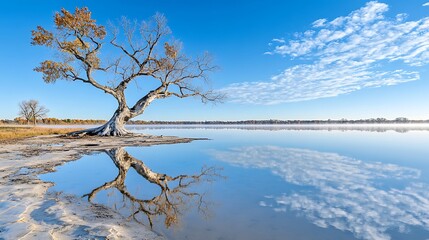 Serene Autumn Lake Landscape Solitary Tree Reflection Calm Water Blue Sky