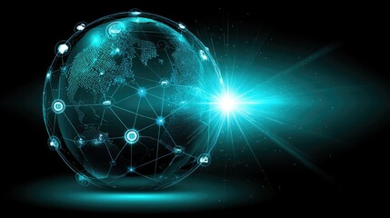 Obraz premium A glowing, digital representation of Earth interconnected by networks, symbolizing technology and global communication.