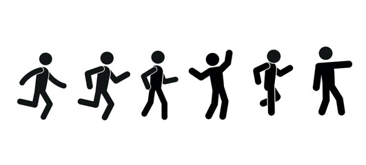 stick man walking, running, dancing, set of human figures in different poses, pictogram, group of people, flat vector illustration