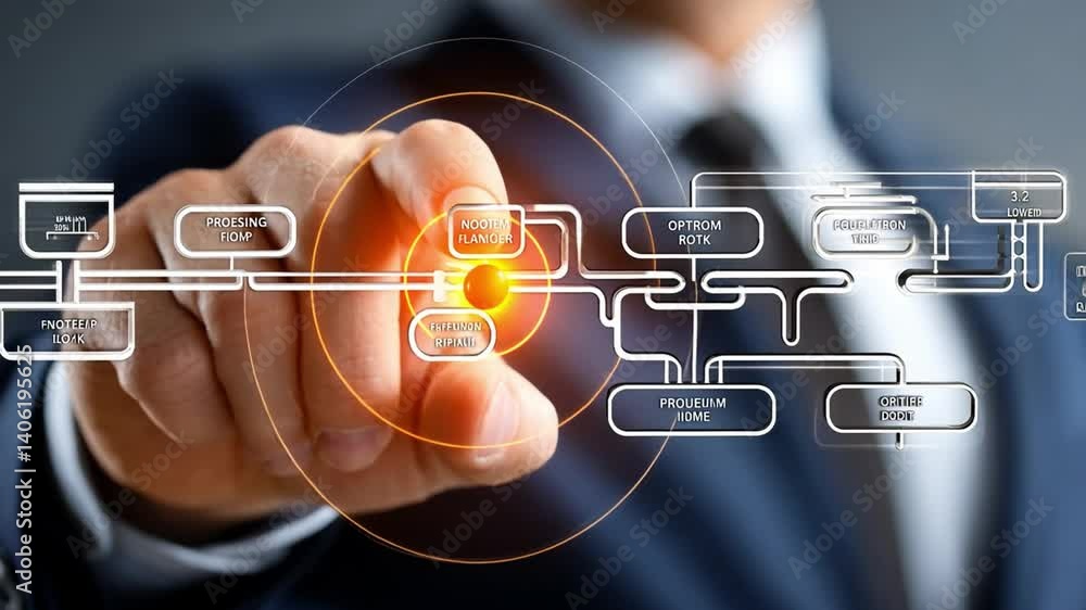 Poster digital interaction: a close-up shot showcases a man's finger, poised to interact with a futuristic 