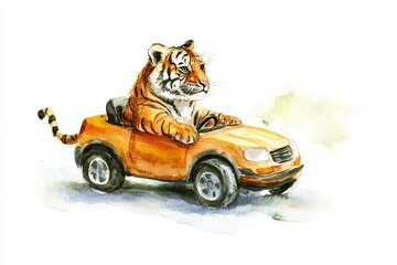 Obraz premium Watercolor painting of a tiger driving an orange car on a white background with visible tail and tires