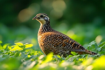 Brown quails foraging in the summer grass