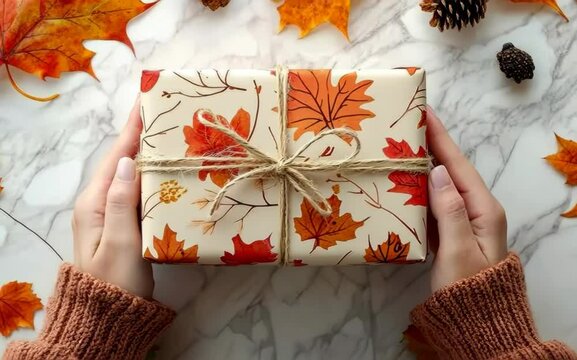 A hand tying twine around a handmade Thanksgiving gift with fall-themed wrapping paper. Bright, clear background.