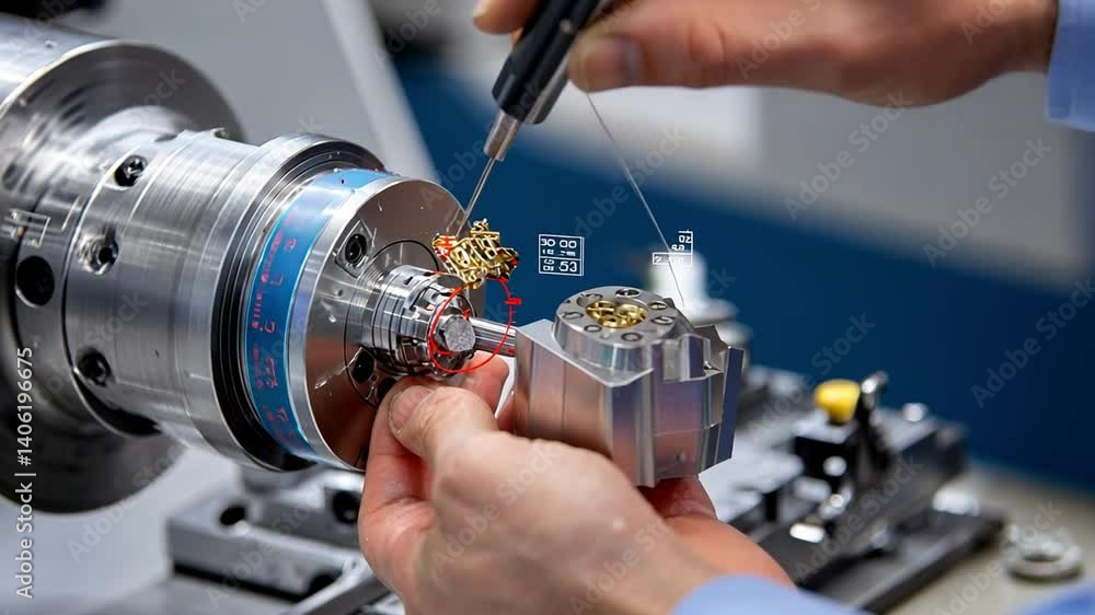 Poster precision engineering: close-up of hands carefully manipulating intricate tools on a complex mechani
