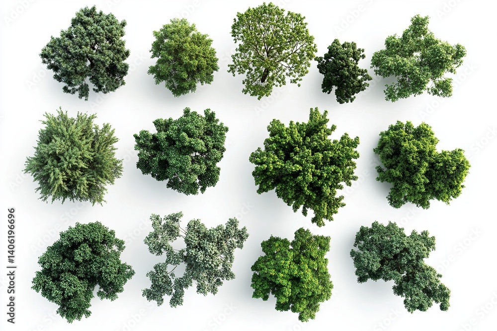 Poster aerial view of twelve green tree tops arranged on a white background in a studio setting overhead sh