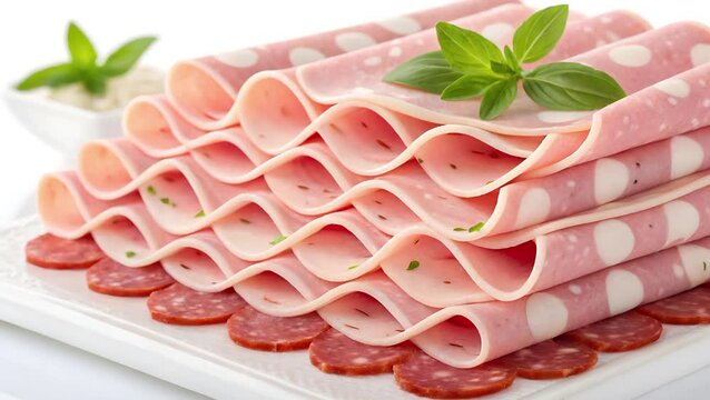Delicate slices of mortadella neatly arranged with a garnish, perfect for a charcuterie board.
