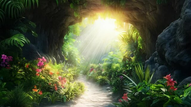 Enchanted forest path bathed in magical sunlight. Lush greenery and colorful flowers frame a winding trail. Mystical nature scene for fantasy book cover or game background. - Powered by Adobe