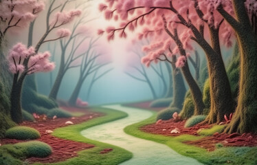 A mystical forest path winds through a dreamy landscape, sunlight filtering through blossoming pink trees and mossy banks.  The air is filled with tranquility.