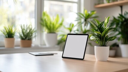 Fototapeta premium Digital tablet display with potted plants modern interior workspace