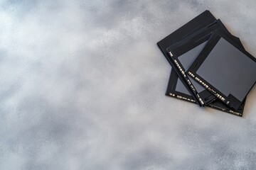 Digital tablets ereaders stacked on gray textured surface technology and modern design