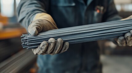 Construction worker lifting steel rods for reinforcement. Featuring structural work