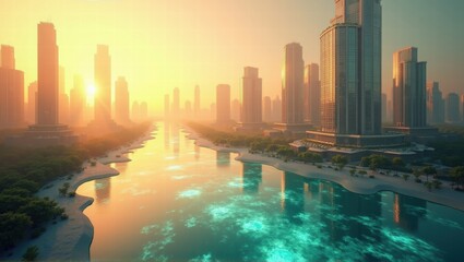Fototapeta premium A futuristic cityscape with tall skyscrapers, a tranquil waterway, and trees, bathed in golden sunlight, creating a peaceful yet vibrant urban atmosphere. Generative, AI,