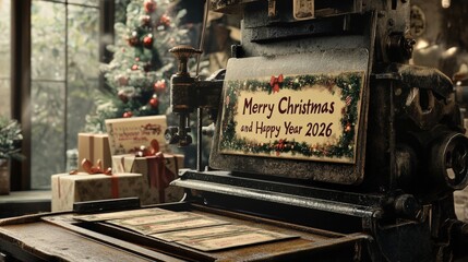 An antique printing press creates holiday greetings for the new year