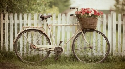 Fototapeta premium An old bicycle with a basket of flowers leaning against a white fence