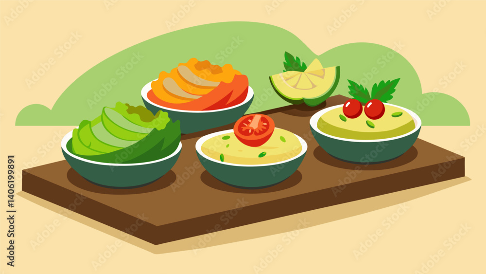 Poster a mouthwatering array of hummus guacamole and vegetable dips are displayed on platters encouraging e