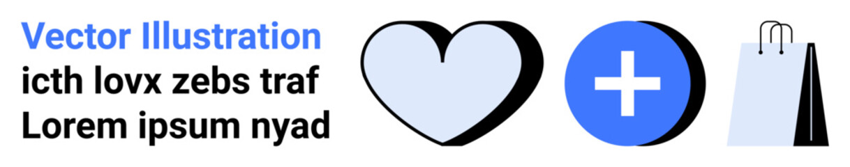 Heart shape, blue medical cross, and shopping bag icons combine love, care, health, and retail ideas. Ideal for wellness, e-commerce, healthcare charity online shops promotions simple landing