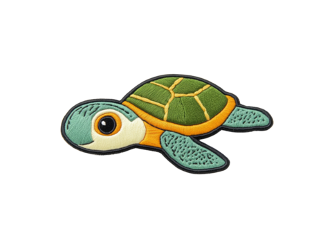 Cute turtle cartoon embroidery badge on transparent background, Generative AI.