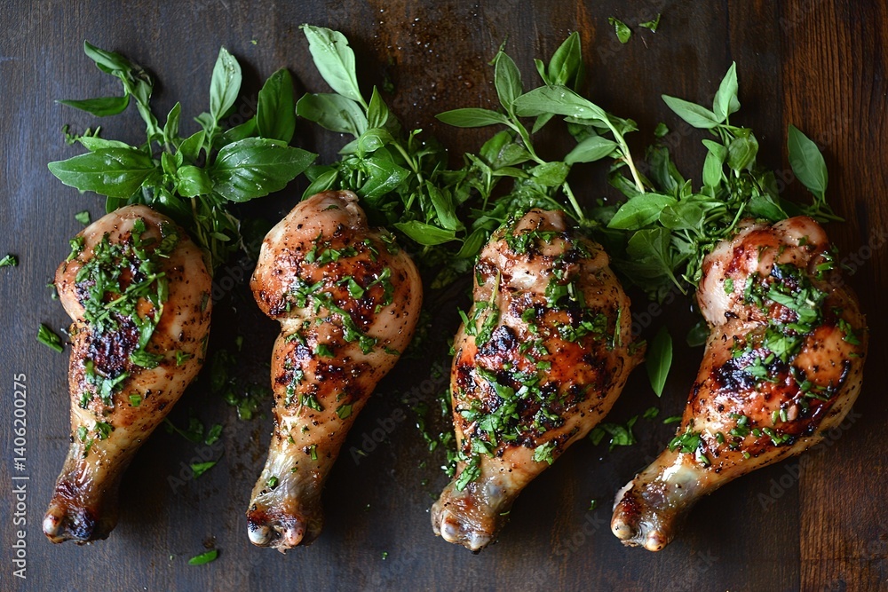 Poster four chicken drumsticks with herbs on a dark surface displayed in a top down close up view image