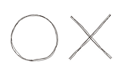 丸とバツ印の手描き線画アイコン 複数の線が重なったモノクロのベクターイラストセット